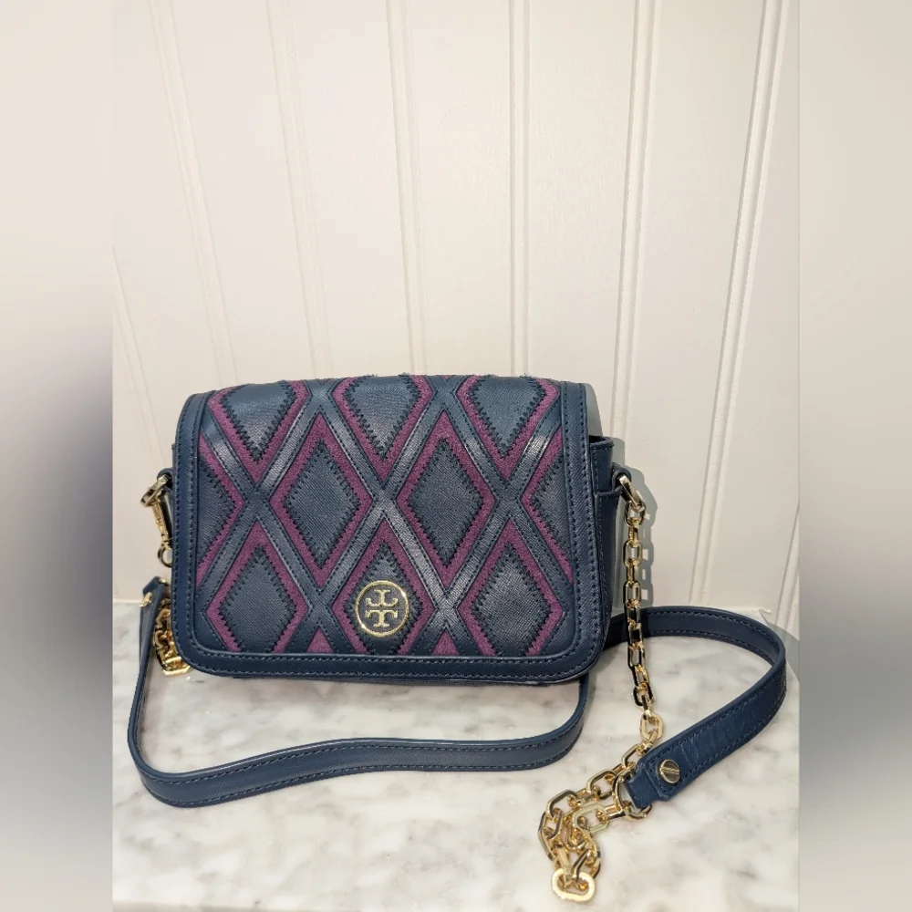 Tory Burch Blue and Purple Robinson Patchwork Chain Crossbody Bag